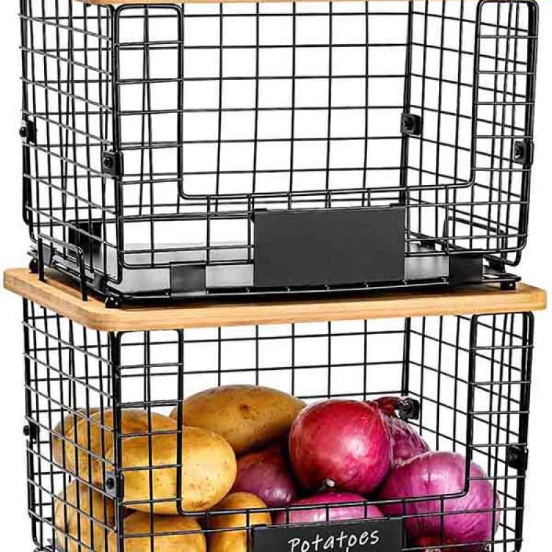 Kitchen Bin Organization Foldable Fruit Baskets Home Organization Stackable Wire Storage Baskets with Bamboo Top