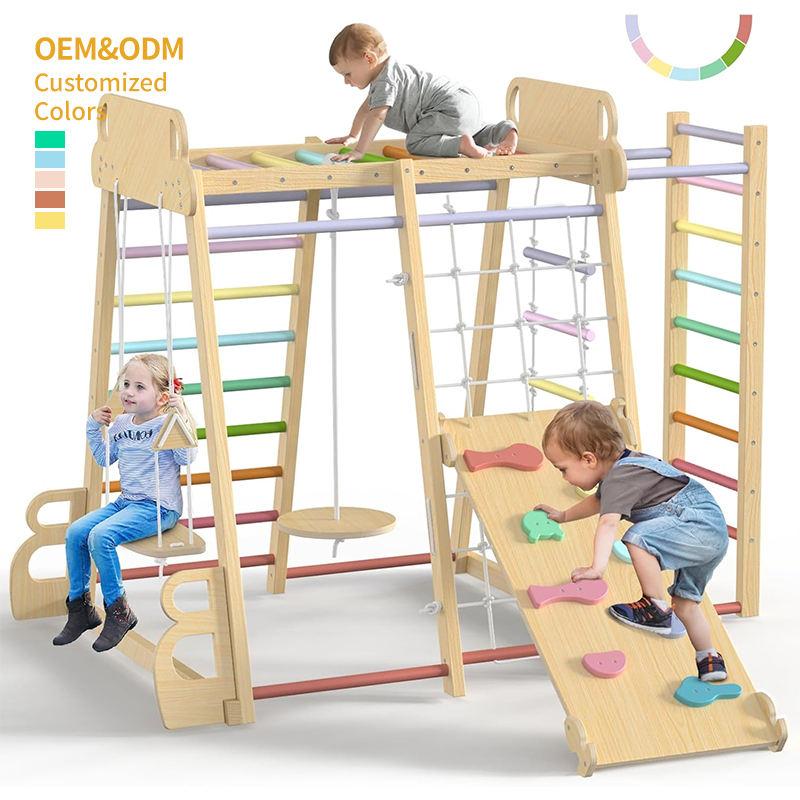 9 in 1 Indoor Jungle Gym Kids Climbing Frame Montessori Wooden Climber Play Set with Slide